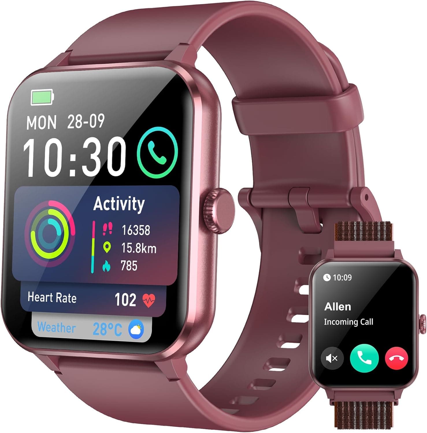 Smartwatch,Relógio Inteligente para Homens e Mulheres, 1.85“ Tela HD Touch, 100+ Modos Esportivos, Chamadas Bluetooth,Assistente de Voz, Compatível com iOS/Android,Inclui 2 Pulseiras,Clarete