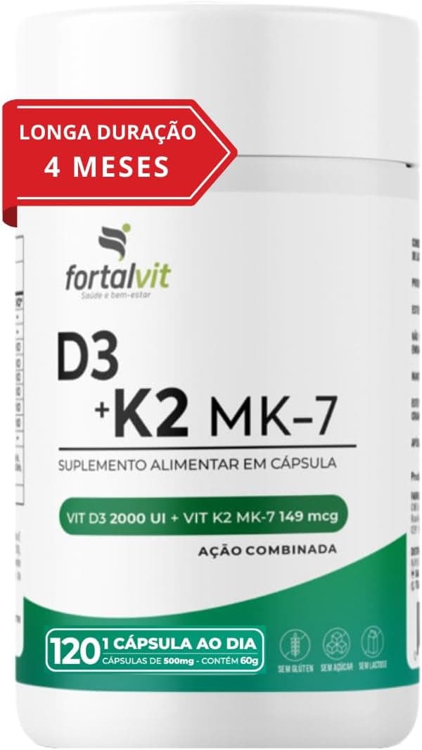 Vitamina D3 + K2 120 Cápsulas 4 Meses de Uso Longa Duração, 2000UI D3 149mcg Vitamina K2 MK-7, Fortalvit